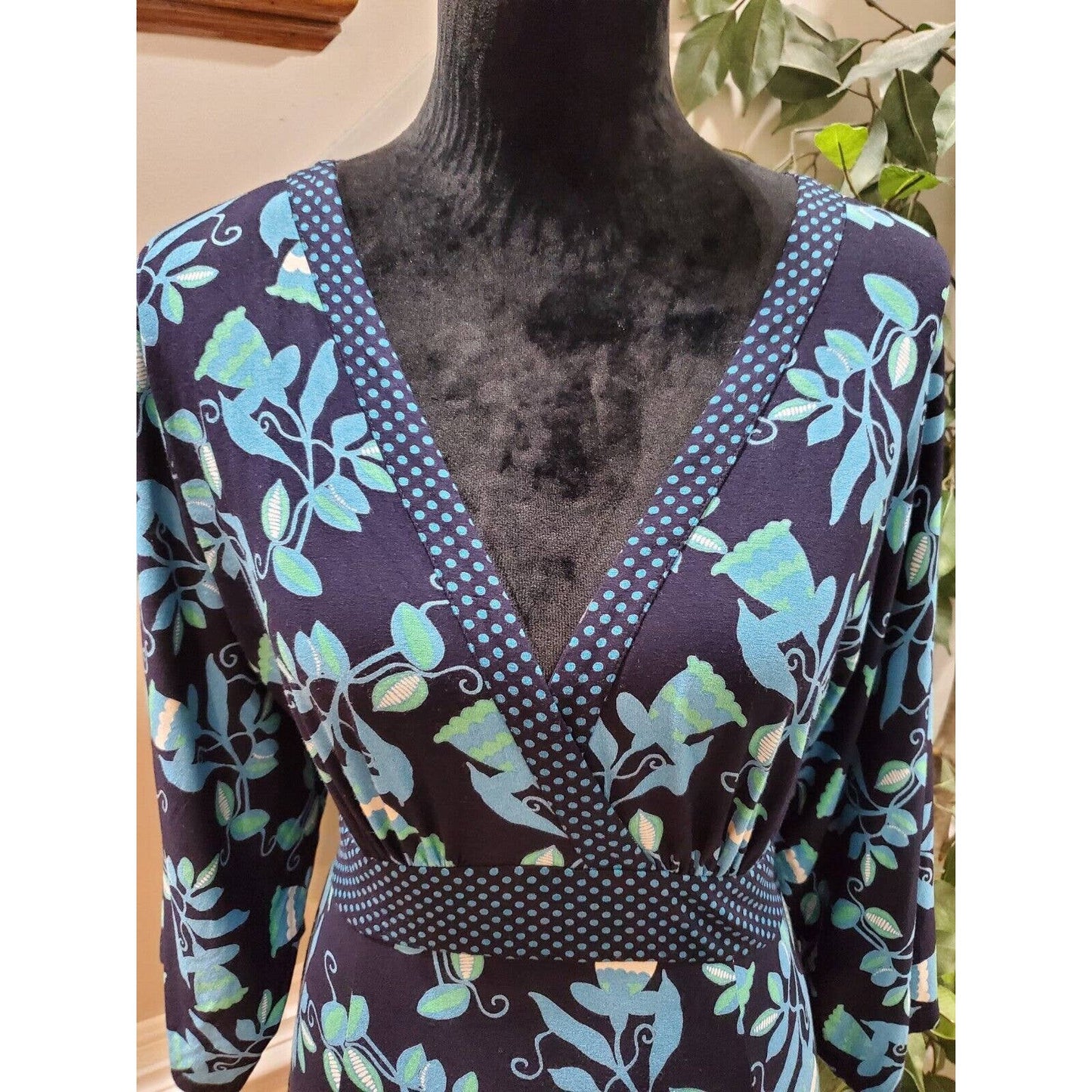 Blue Women's Floral Polyester V-Neck Casual Long Sleeves Knee Length Dress 8