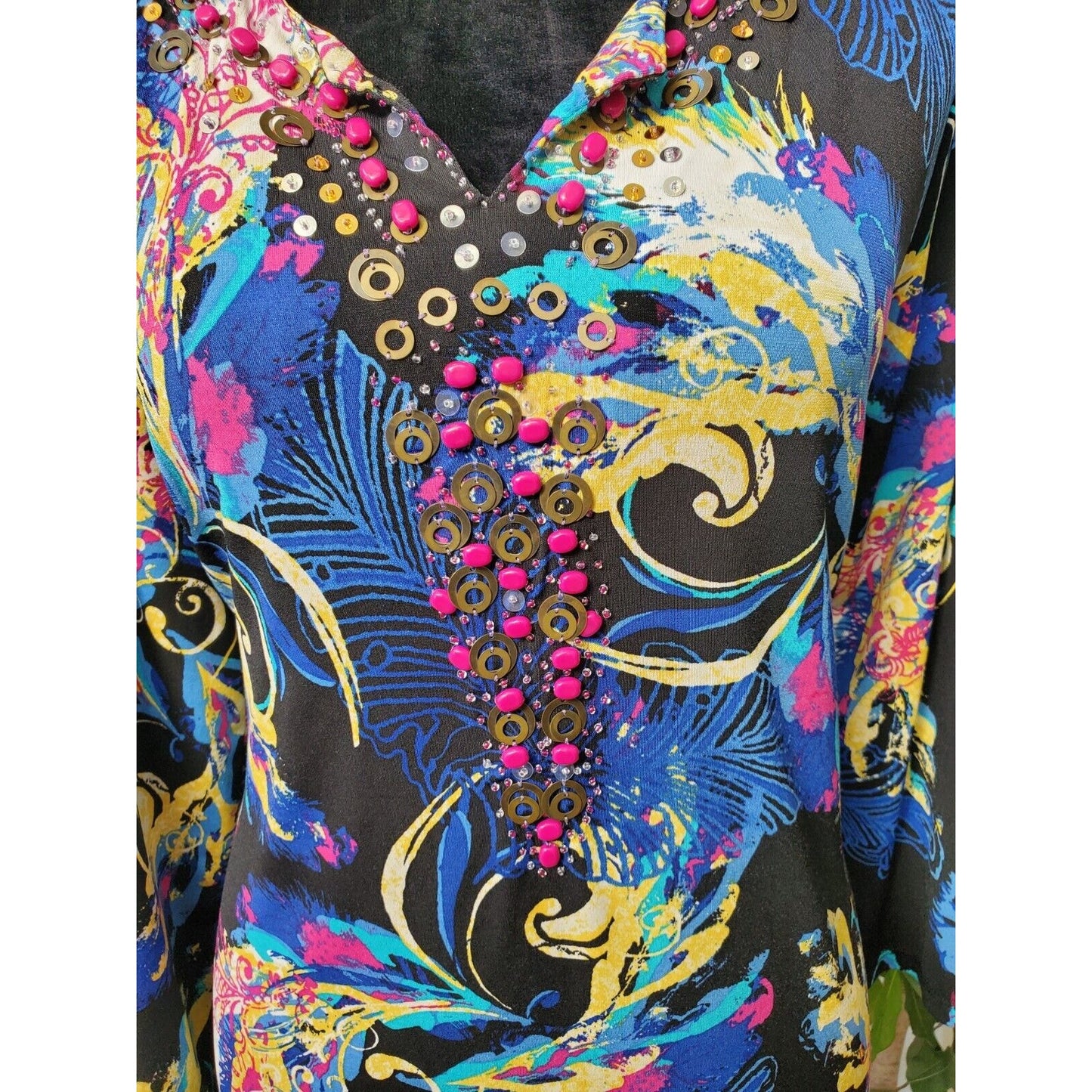 Style & Co. Women's Blue & Black Polyester V-Neck Long Sleeve Top Blouse Size L