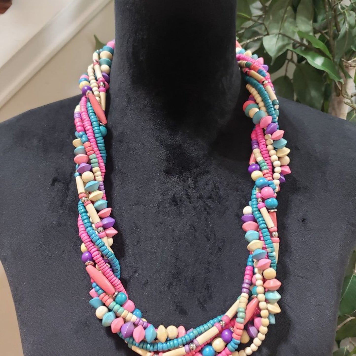 Women's Pink & Blue Round Twisted Beaded with Lobster Clasp Necklace