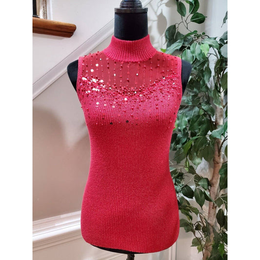 Lauren Michelle Women's Red Cotton Mock Neck Sleeveless Pullover Knit Sweater S
