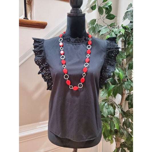 H&M Ruffle-Trimmed Black Eyelet Embroidery Cotton Sleeveless Top Blouse Medium