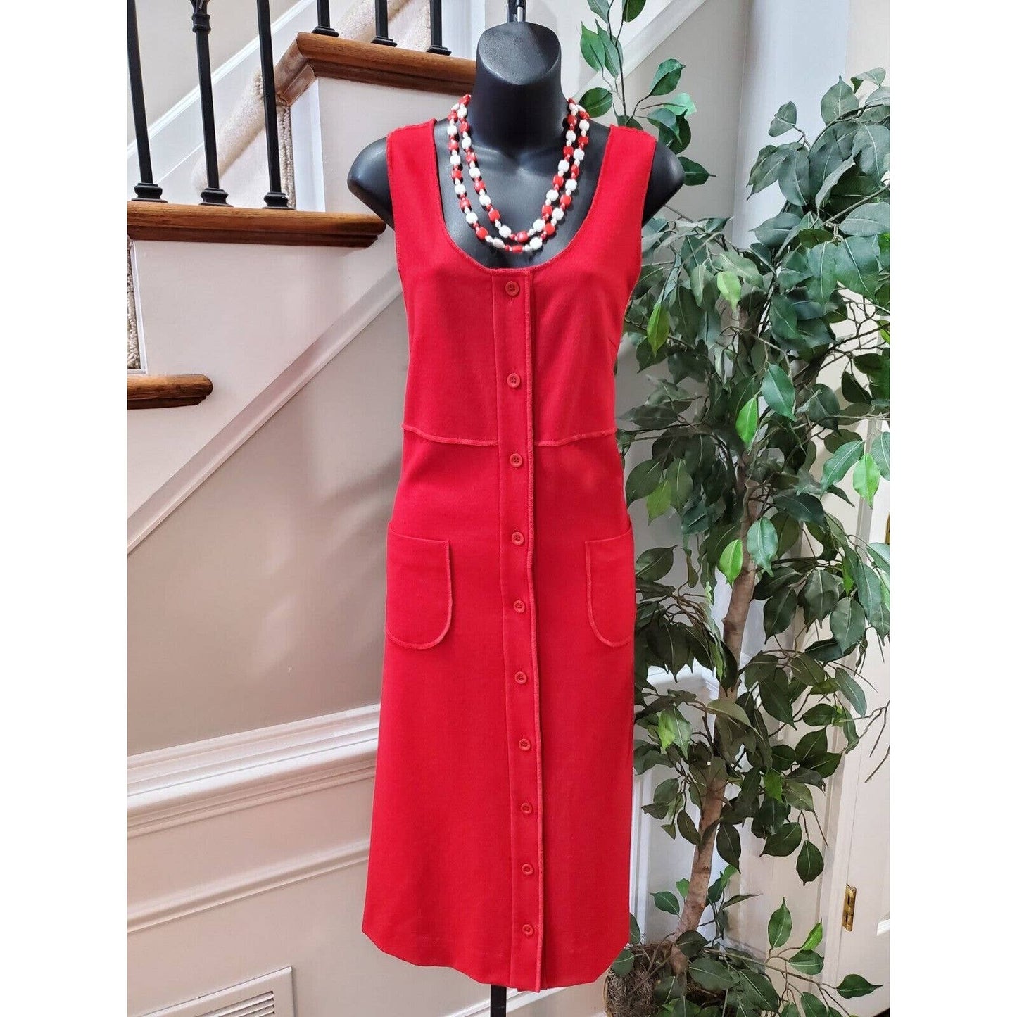VTG Dick Schulman Solid Red Polyester Scoop Neck Sleeveless Midi Length Dress 10