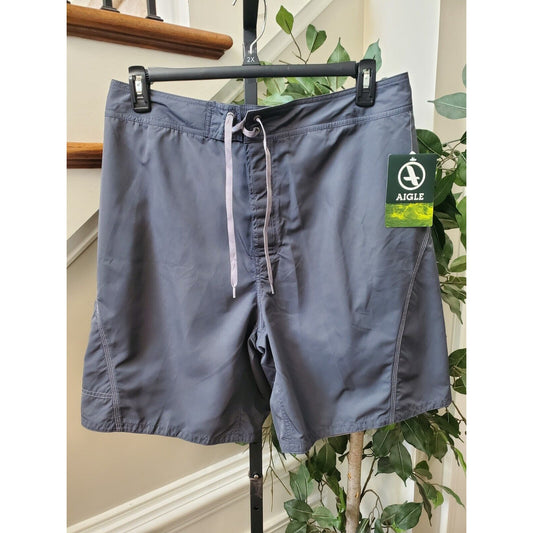 Aigle Men's Gray 100% Polyester Solid Logo Print Pull On Swimwear Shorts Size M