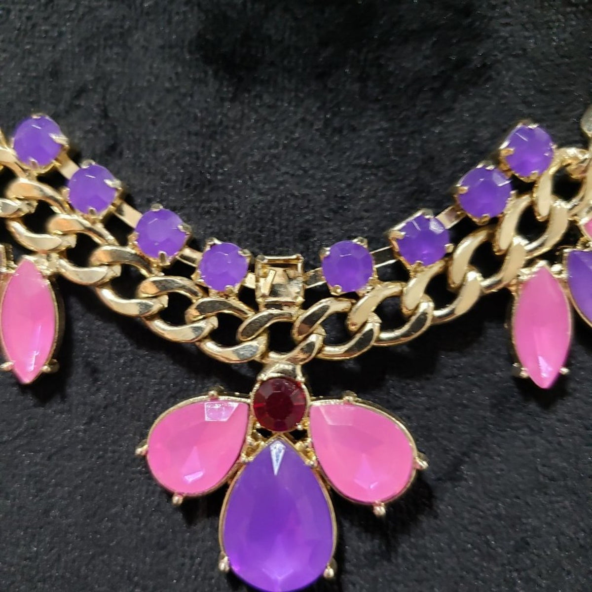 Womens Gold Tone Chain Red Purple and Pink Gemstone Teardrop Necklace w/ Lobster