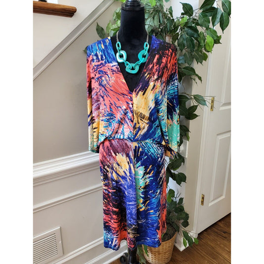 Fashion To Figure Women Multi Tie Dye Polyester V Neck Knee Length Dress Size 2X