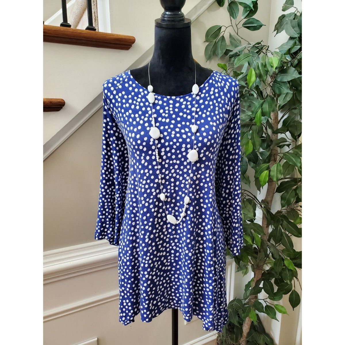 Chico's Blue Polka Dot Rayon Round Neck Long Sleeve Casual Top Blouse (3) XL