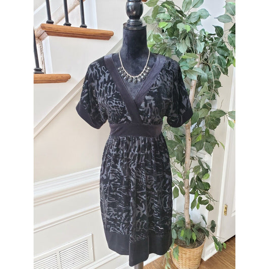 AGB Sheer Black Velvet Animal Print V-Neck Short Sleeve Knee Length Dress 10P