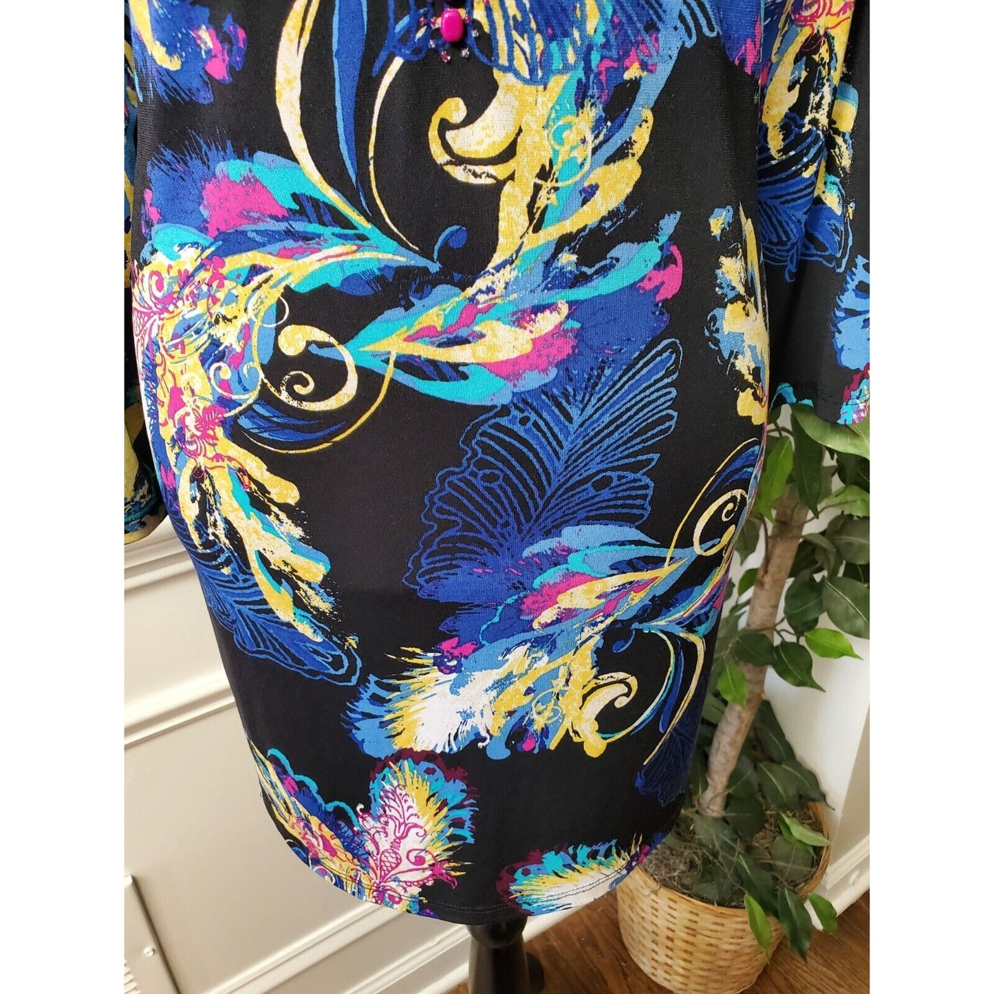Style & Co. Women's Blue & Black Polyester V-Neck Long Sleeve Top Blouse Size L