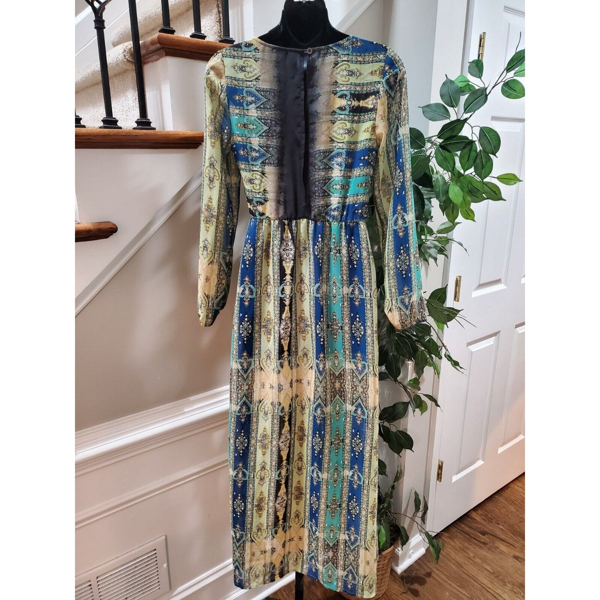 Women's Multicolor Polyester Round Neck Long Sleeve Casual Sheer Maxi Dress XS