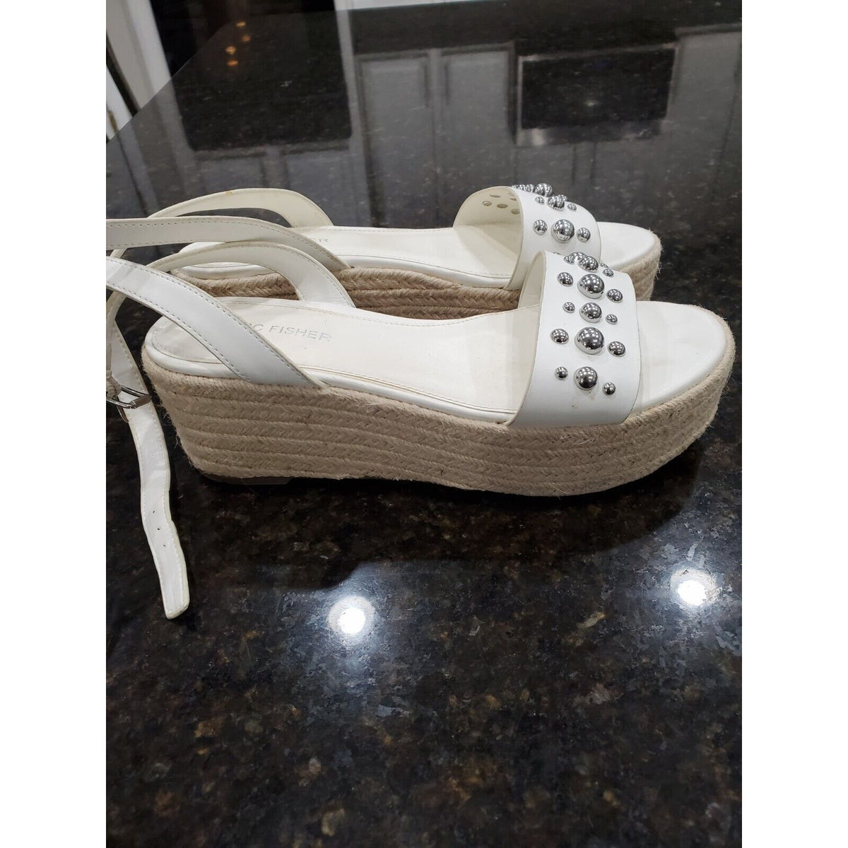 Marc Fisher Joyce Silver Studded Platform Espadrille Sandals White Women Size 7M