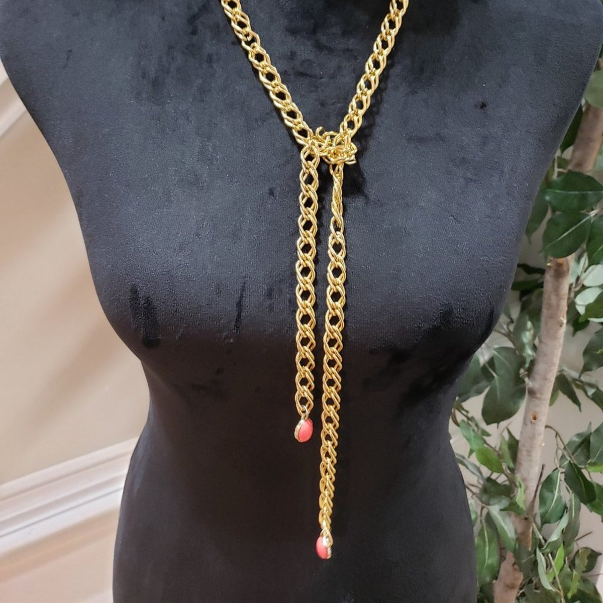 Gold Tone Tie a Knot Pink Chunki Gem Stone Lariat Style Long Chain Necklace