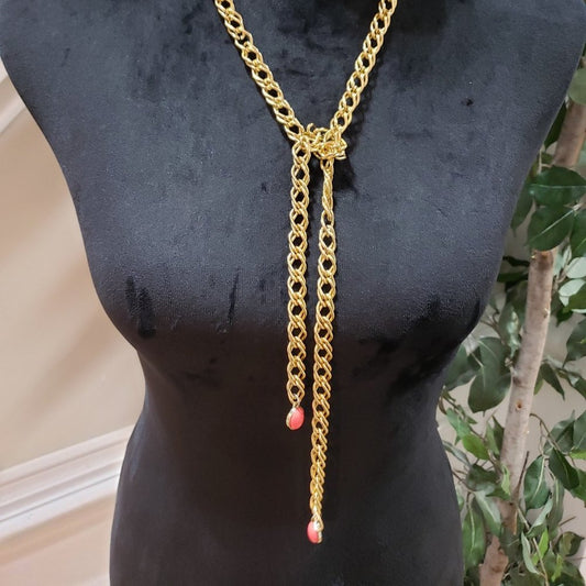 Gold Tone Tie a Knot Pink Chunki Gem Stone Lariat Style Long Chain Necklace