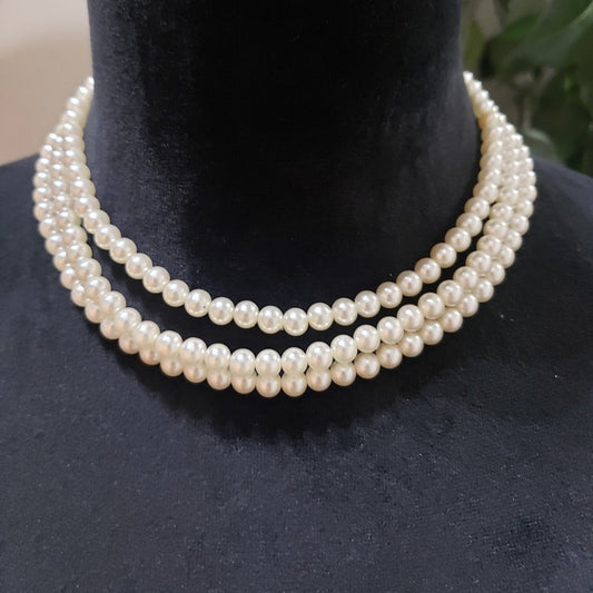 Womens Fashion White Simulated Pearl Bead Three Strands Choker Necklace Jewelry