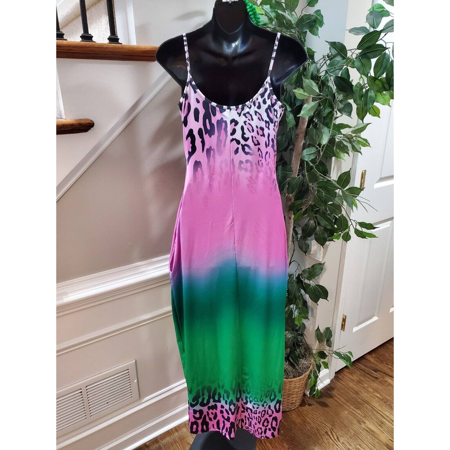 Multicolor Pockets Polyester Round Neck Sleeveless Long Maxi Dress Size Small