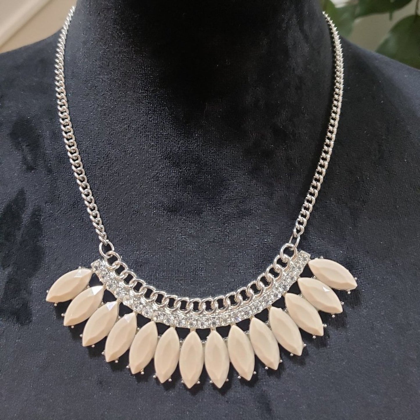 Women's Cream Rhinestone Statement Bib Lobster Clasp Necklace