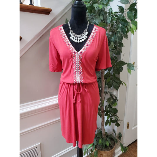 Old Navy Women's Red Rayon V-Neck Short Sleeve Knee Length Casual Dress Size XL