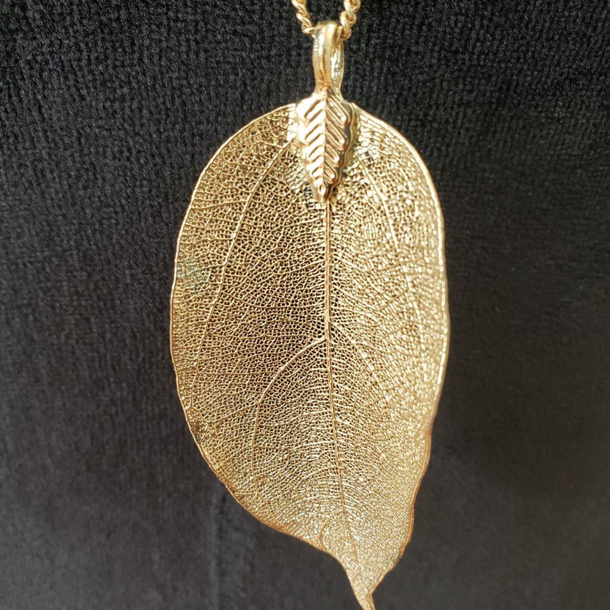 Vintage Womens Gold Plated Textured Filigree Real Leaf Long Pendant Necklace