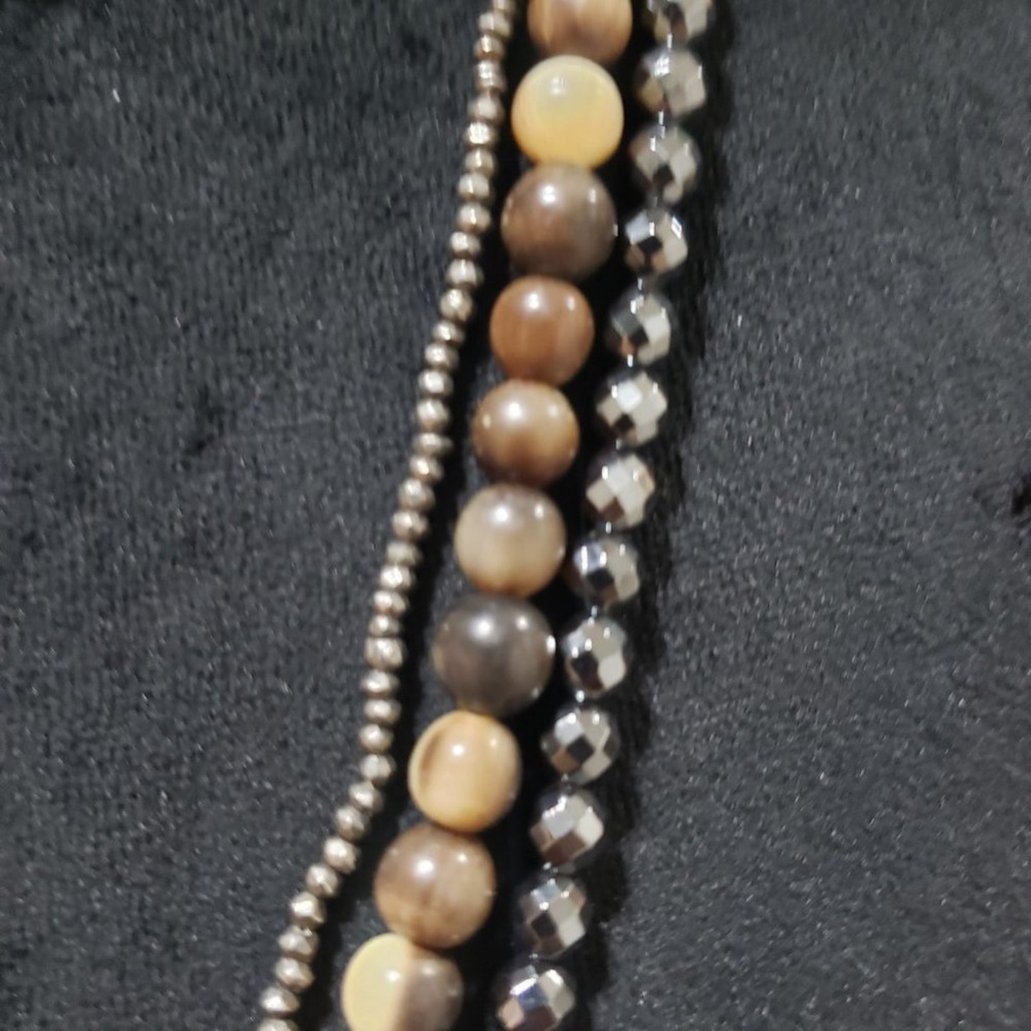 Womens Fashion Triple Strand Silver Tone Beads Brown Woooden Beads Long Necklace