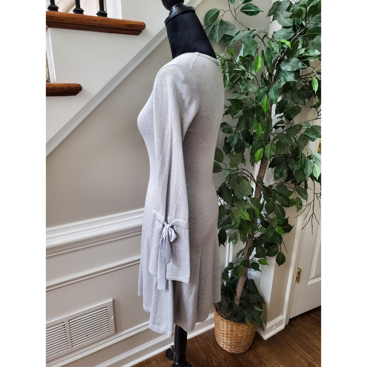 CeCe Women's Gray Cotton Round Neck Long Sleeve Casual Knee Length Dress Size XS