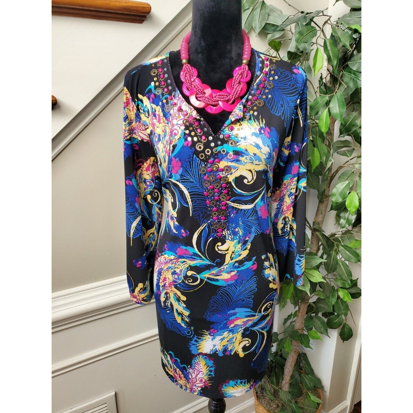 Style & Co. Women's Blue & Black Polyester V-Neck Long Sleeve Top Blouse Size L