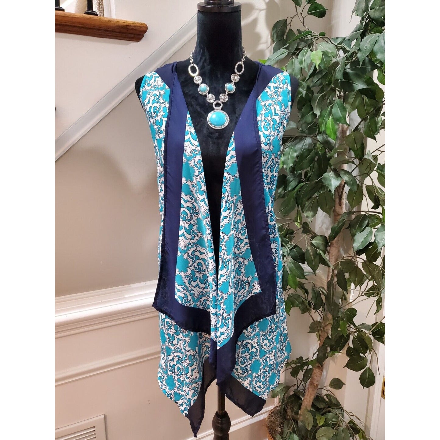 Charming Charlie Blue 100% Polyester Sleeveless Open Front Kimono S