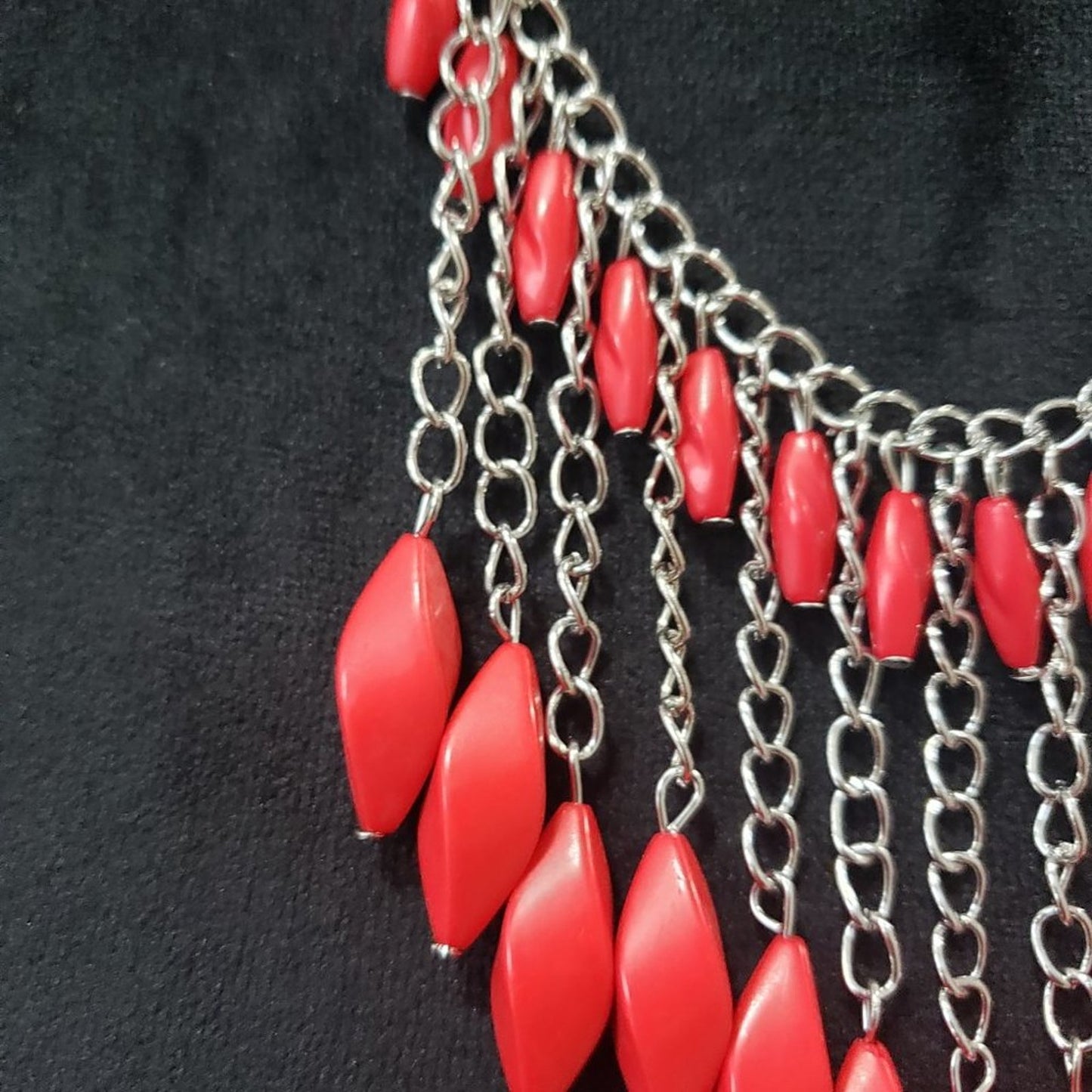 Womens Silver Chain Binge Red Stone Beaded Statement Necklace with Lobster Clasp