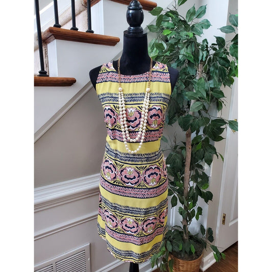 Loft Women's Yellow 100% Rayon Round Neck Sleeveless Casual Knee Length Dress M