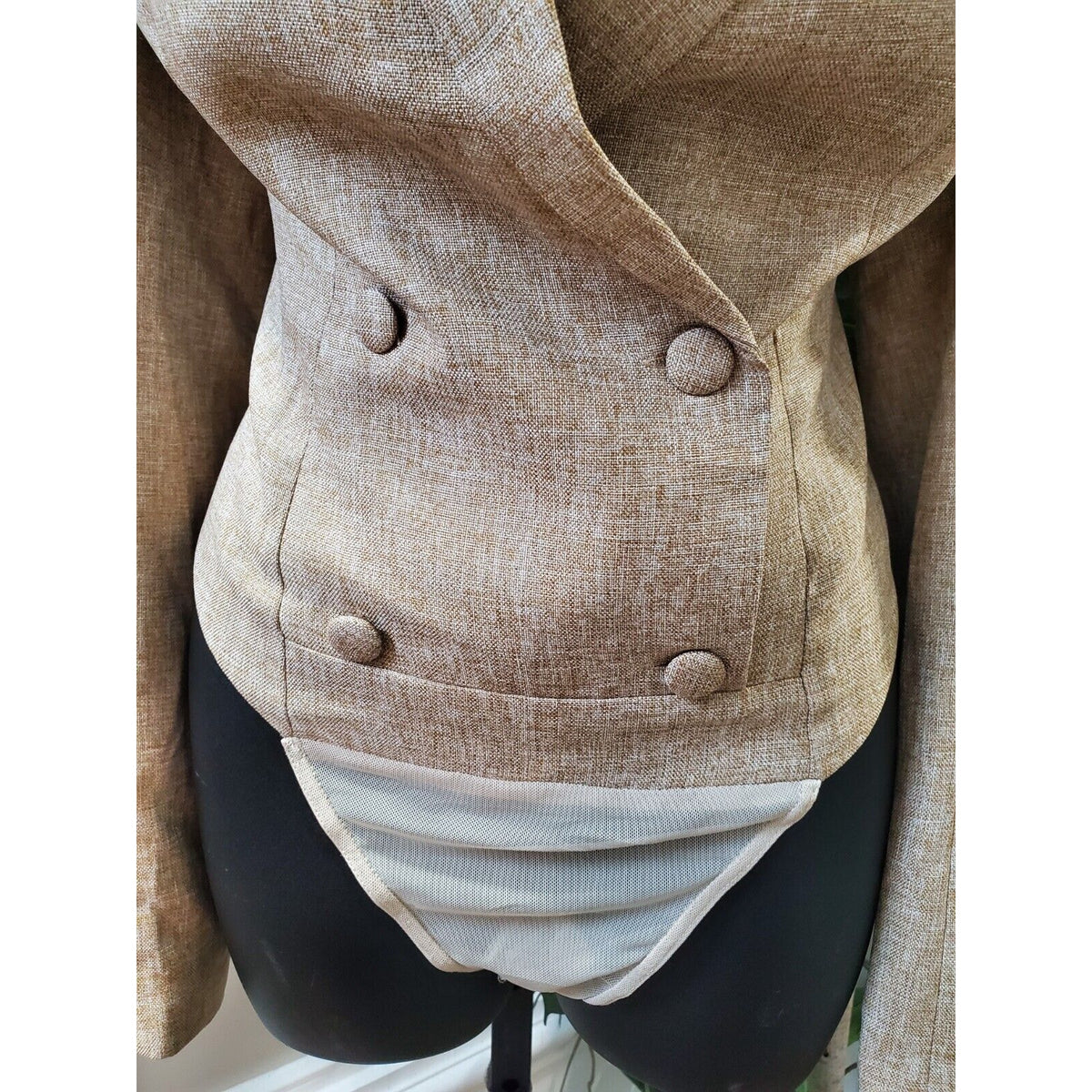 L' Atiste Beige Polyester Full Sleeve Notch Lapel Button Front Bodysuit Blazer M