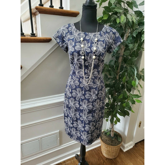J.Crew Women's Blue & White Cotton Short Sleeve Crew Neck Knee Length Dress 2