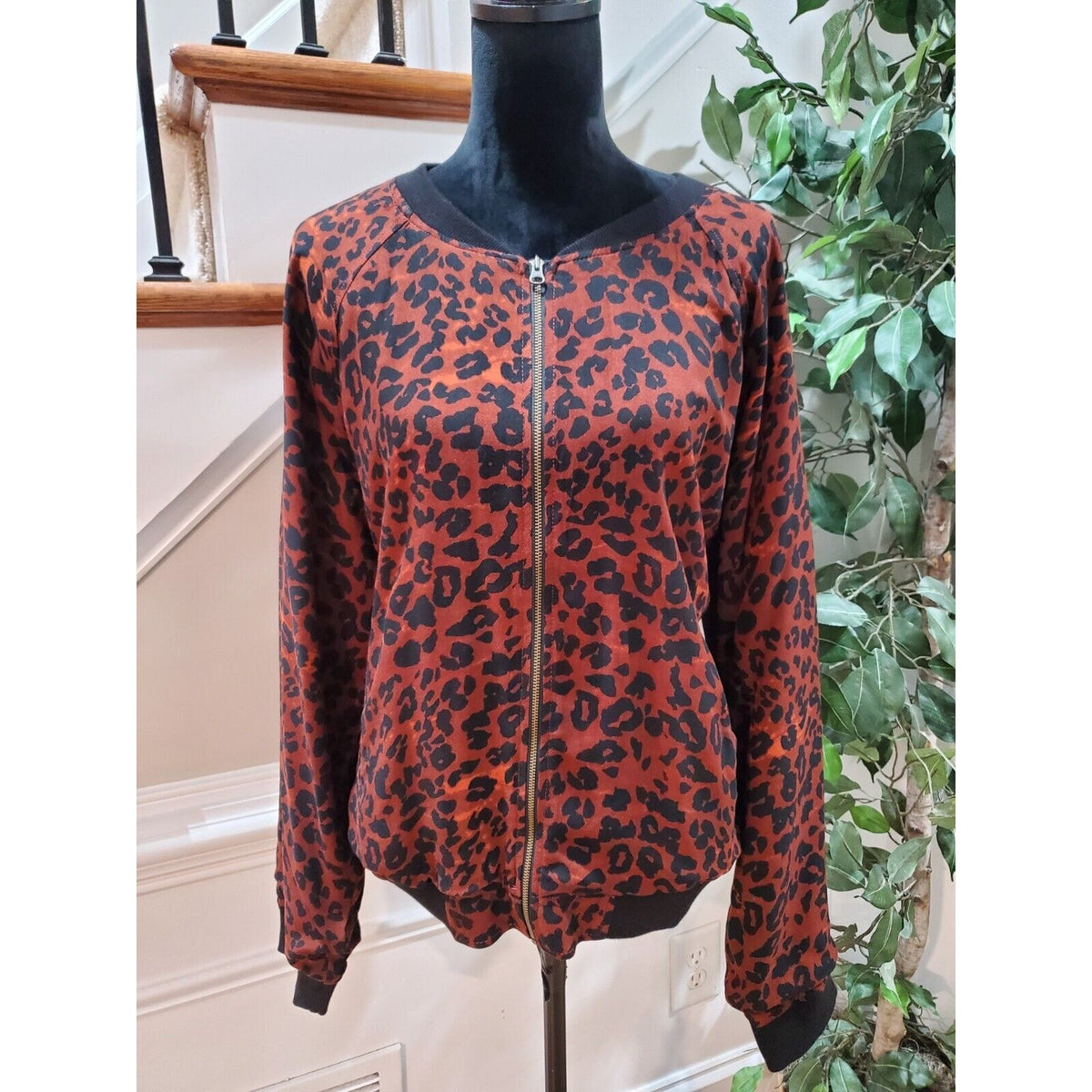 Beachlunchlounge Womens Red & Black Leopard Print Full Zip Front Jacket Size XL