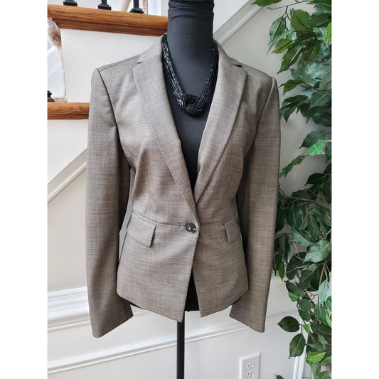 Ann Taylor Women's Solid Tan Wool Single Breasted Long Sleeve Fitted Blazer 8