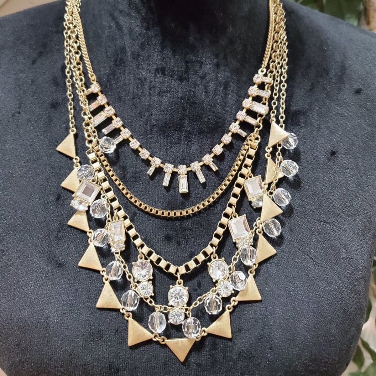 Womens Gold & Crystal Beaded Layered Statement Necklace