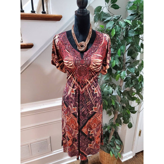 Women's Brown Polyester Round Neck Short Sleeve Casual knee Length Dress Size XL