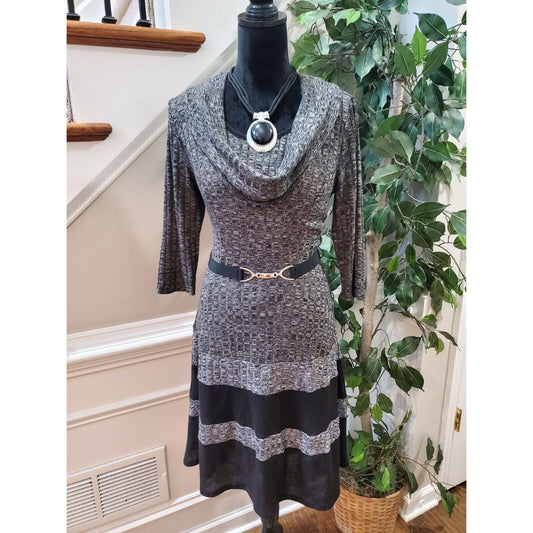 Robbie Bee Women's Gray & Black Cowl Neck Long Sleeve Knee Length Dress Size S