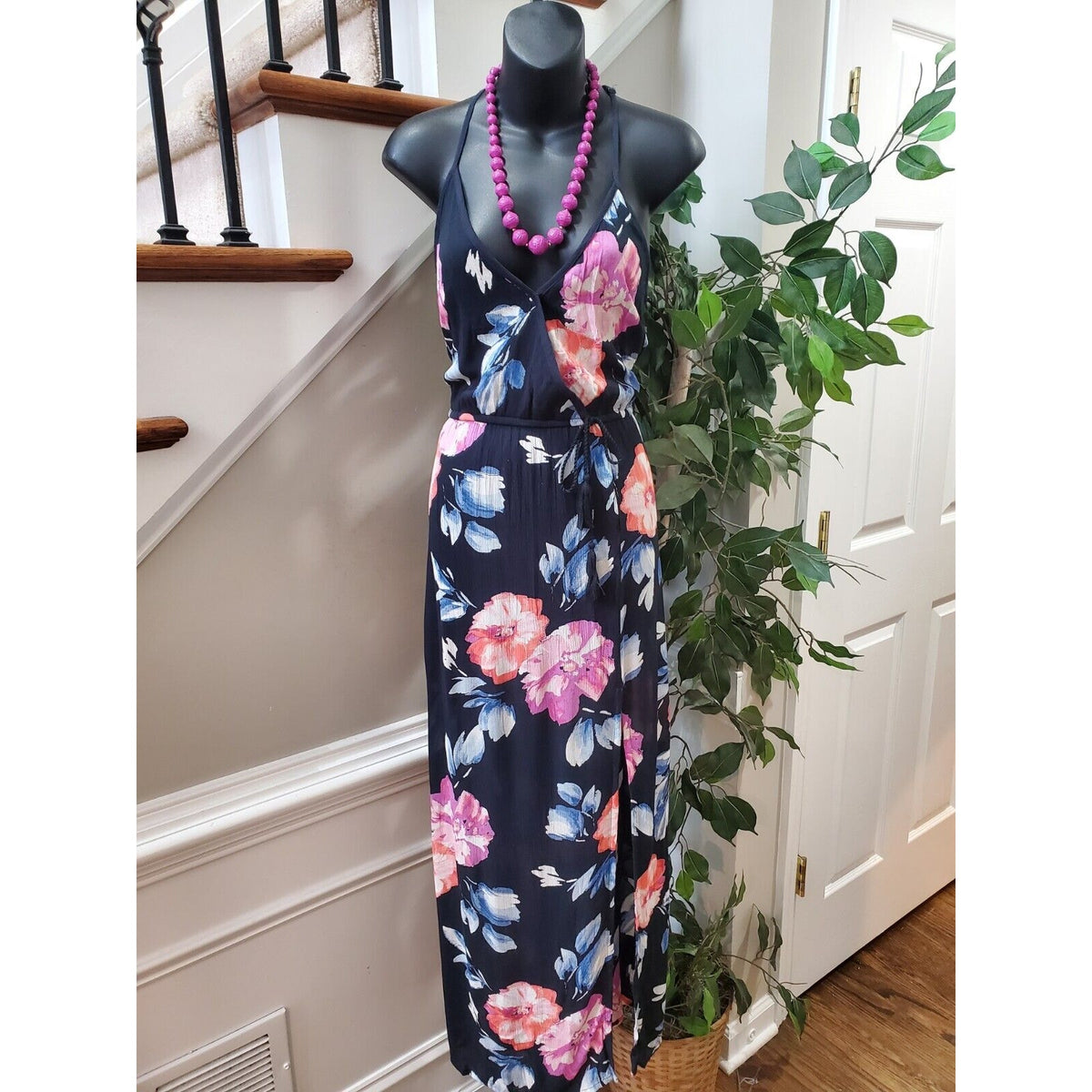 Band of Gypsies Women's Multicolor Floral Viscose V-Neck Long Maxi Dress Small