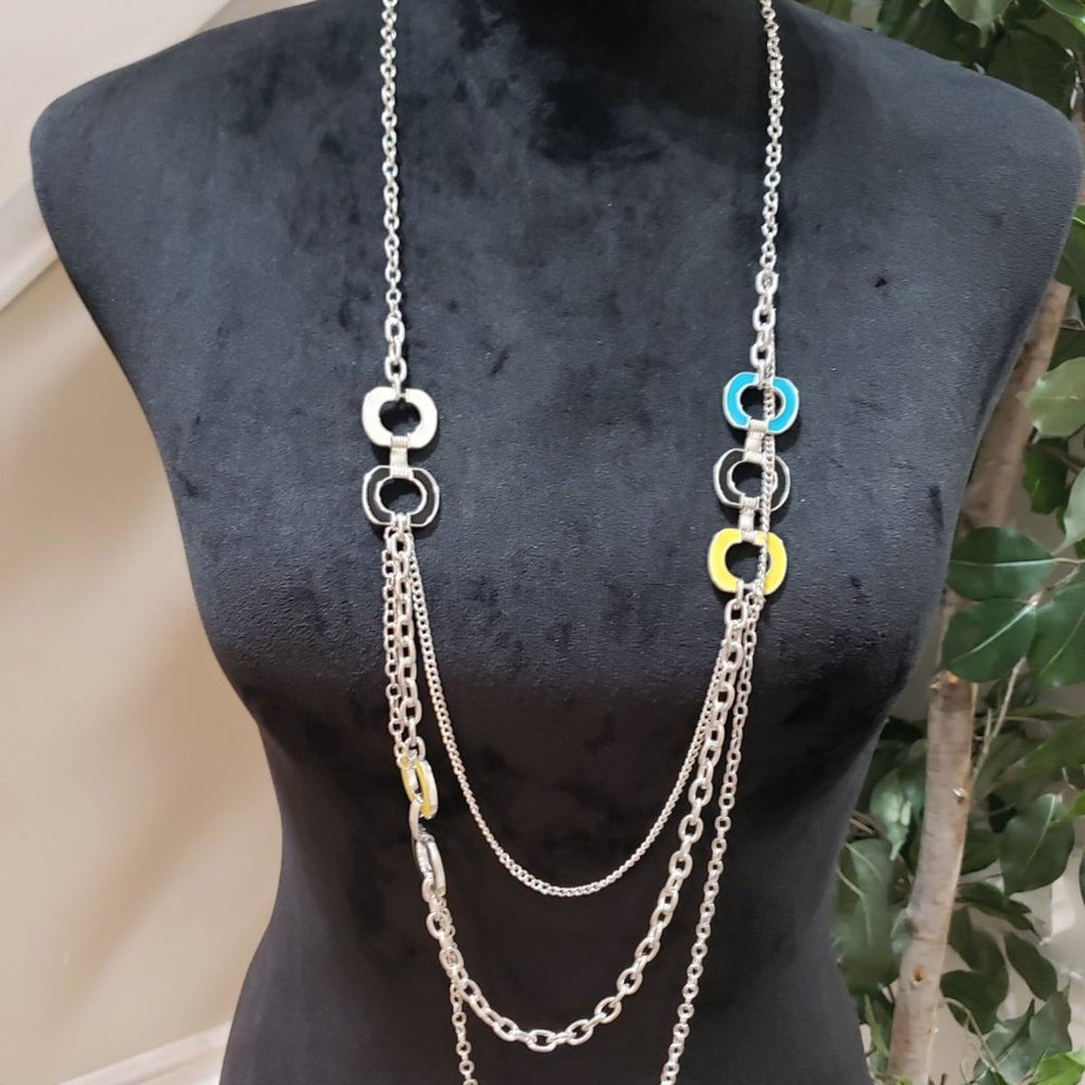 Women's Silver Tone Chain Multi-Strand Layered Necklace with Black Enamel Links