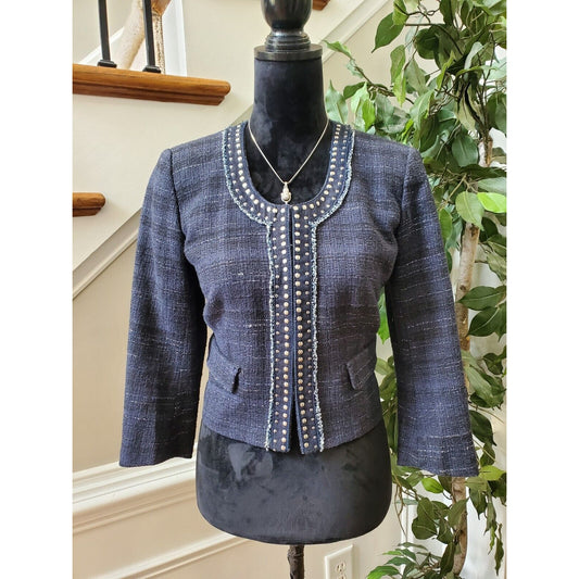 Ann Taylor Loft Women's Blue Cotton Long Sleeve Casual Crome Studded Blazer 4