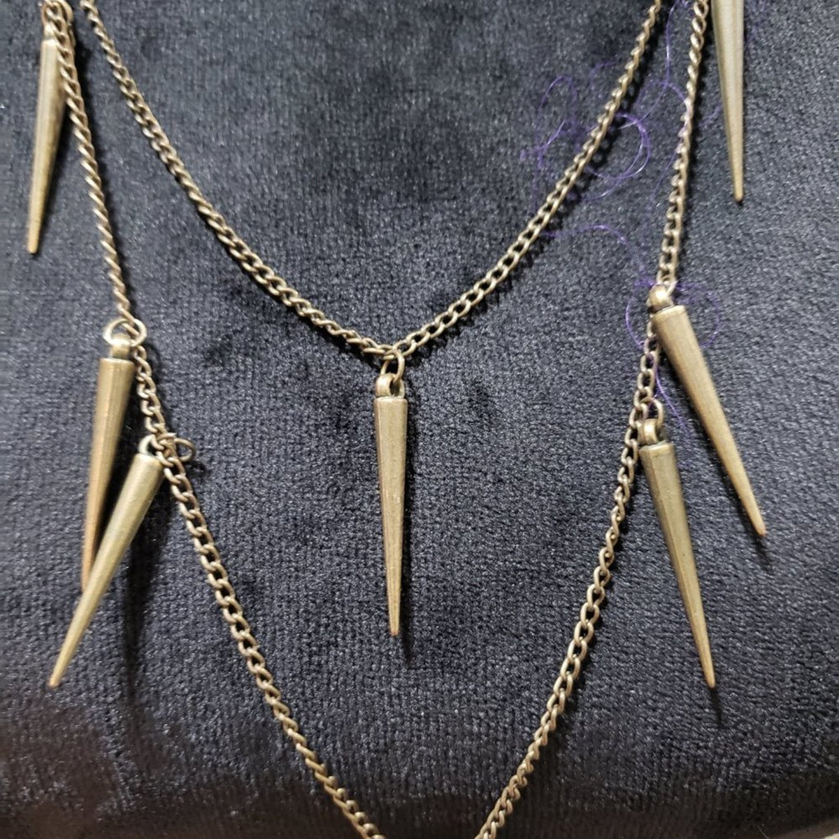 Womens  Fashion Double Strand Gold Tone Spike Charm Pendant Necklace