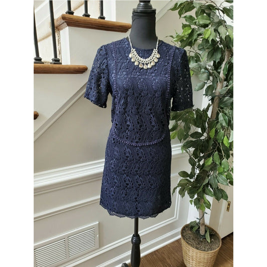 Zara Women's Blue 100% Polyester Short Sleeve Round Neck Knee Length Dress