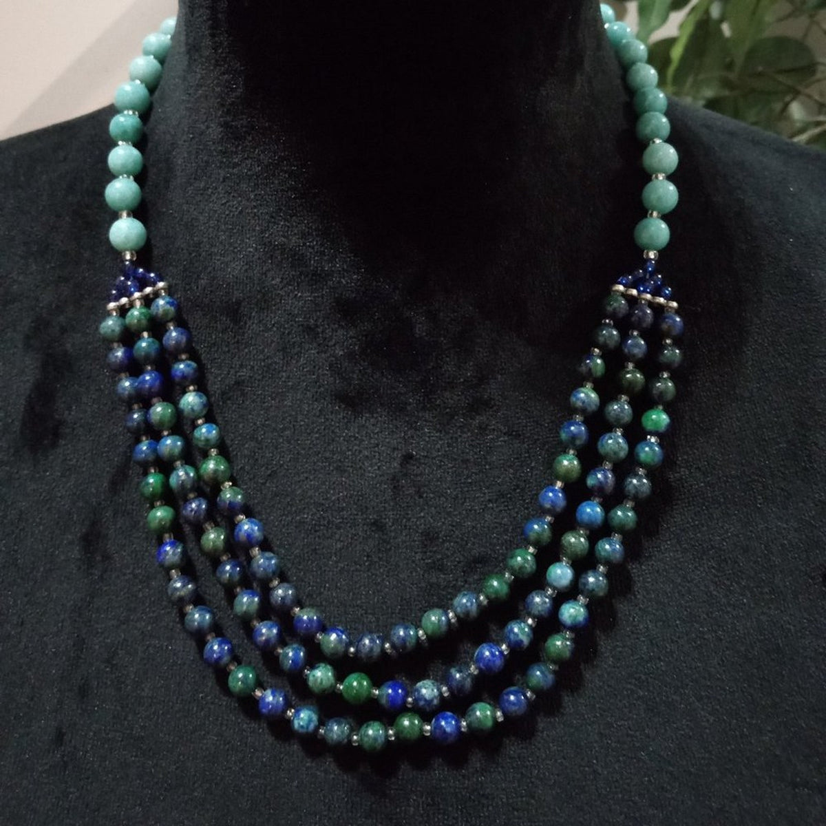 Womens Fashion Triple Strand Blue Green Beaded Collar Necklace w/ Lobster Clasp
