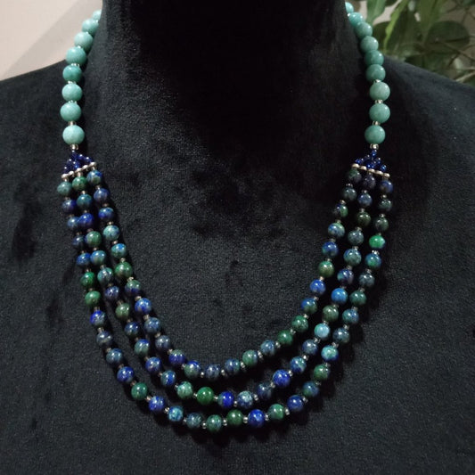 Womens Fashion Triple Strand Blue Green Beaded Collar Necklace w/ Lobster Clasp