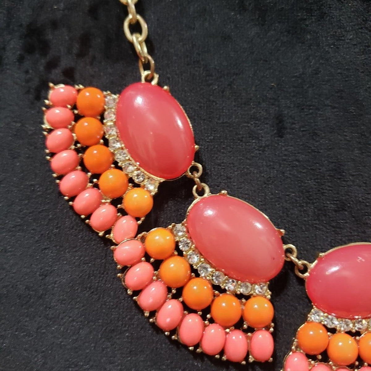 Women's Vintage Gold Tone, Pink Rhinestones & Orange Beaded Fashion Necklace