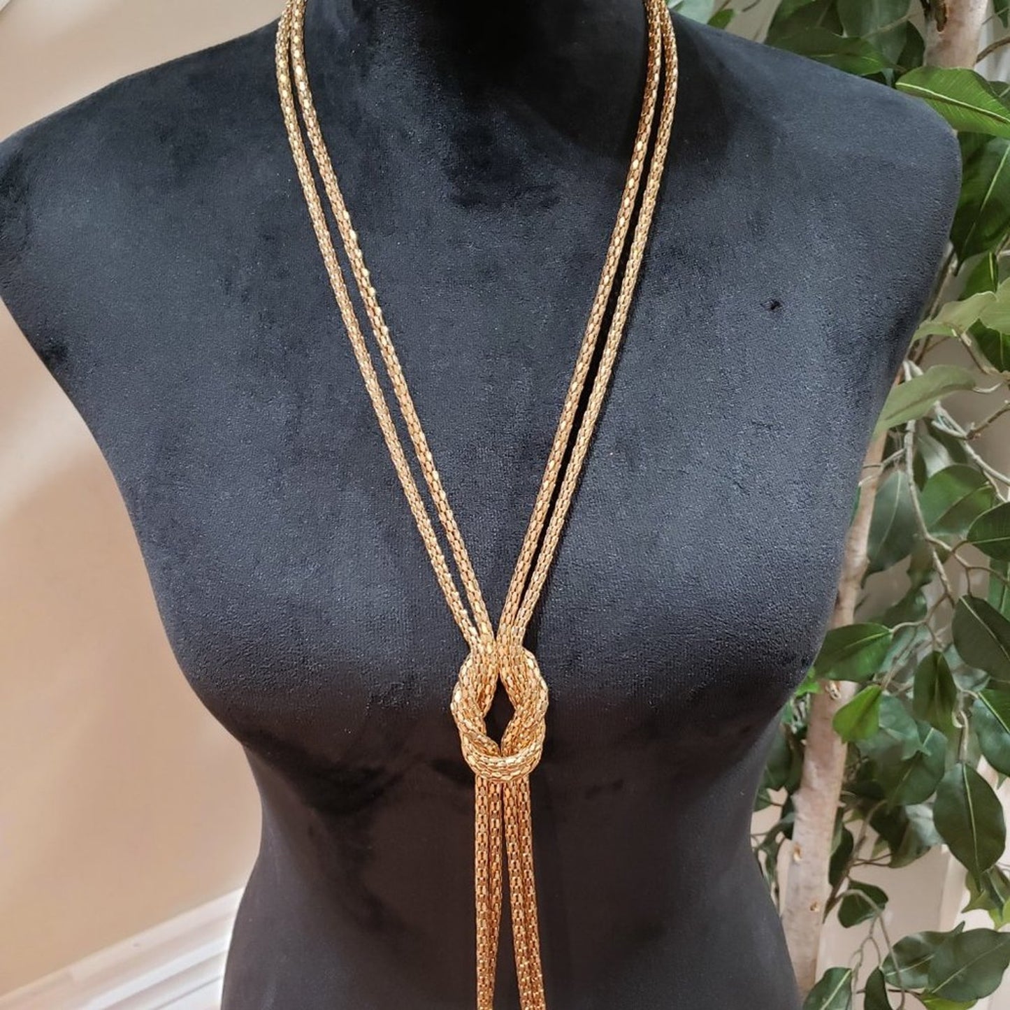 Womens Fashion Snake Chain Gold Tone Two Strand Knot Lariat Long Collar Necklace