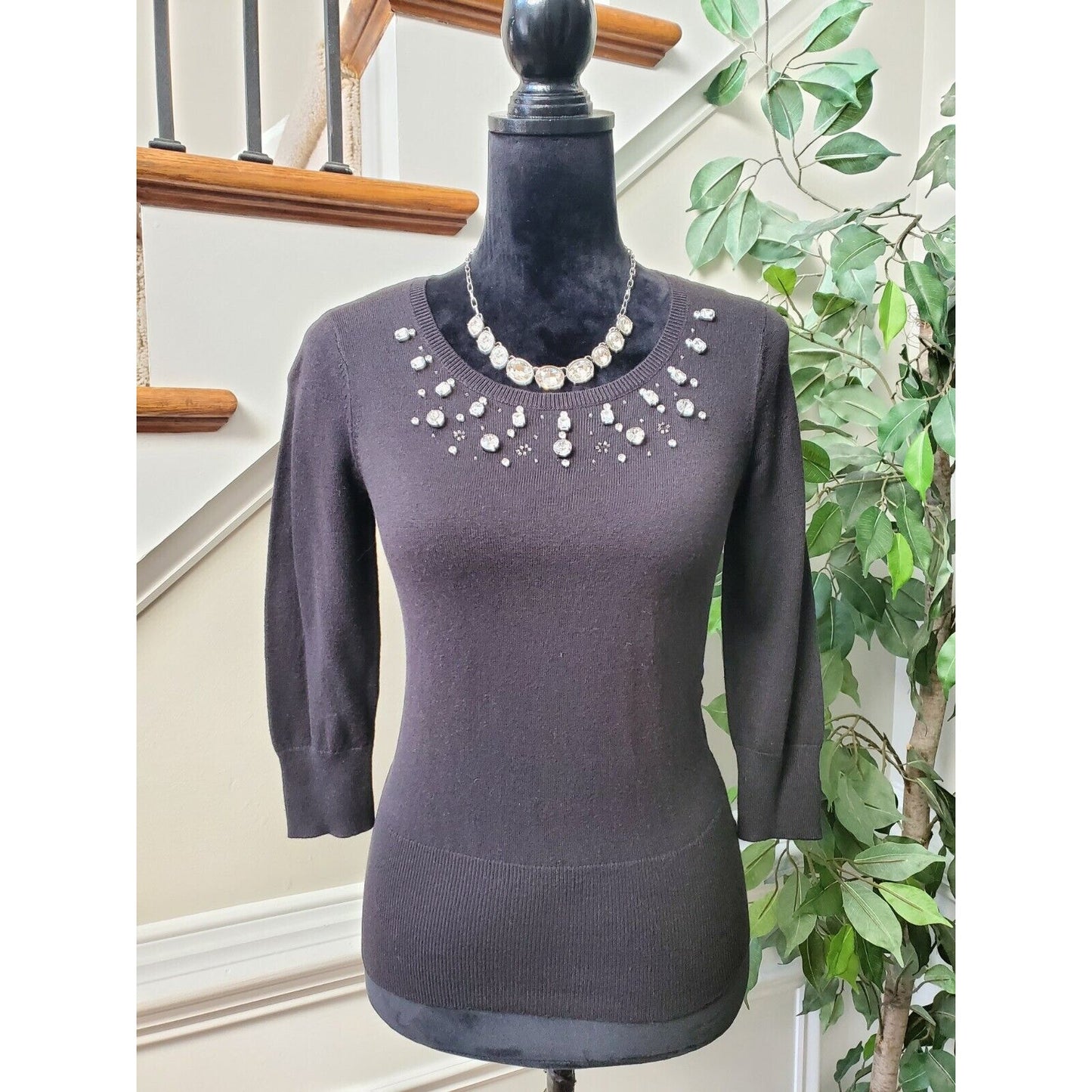 Worthington Black Embellished 3/4 Sleeve Sweater Size PS