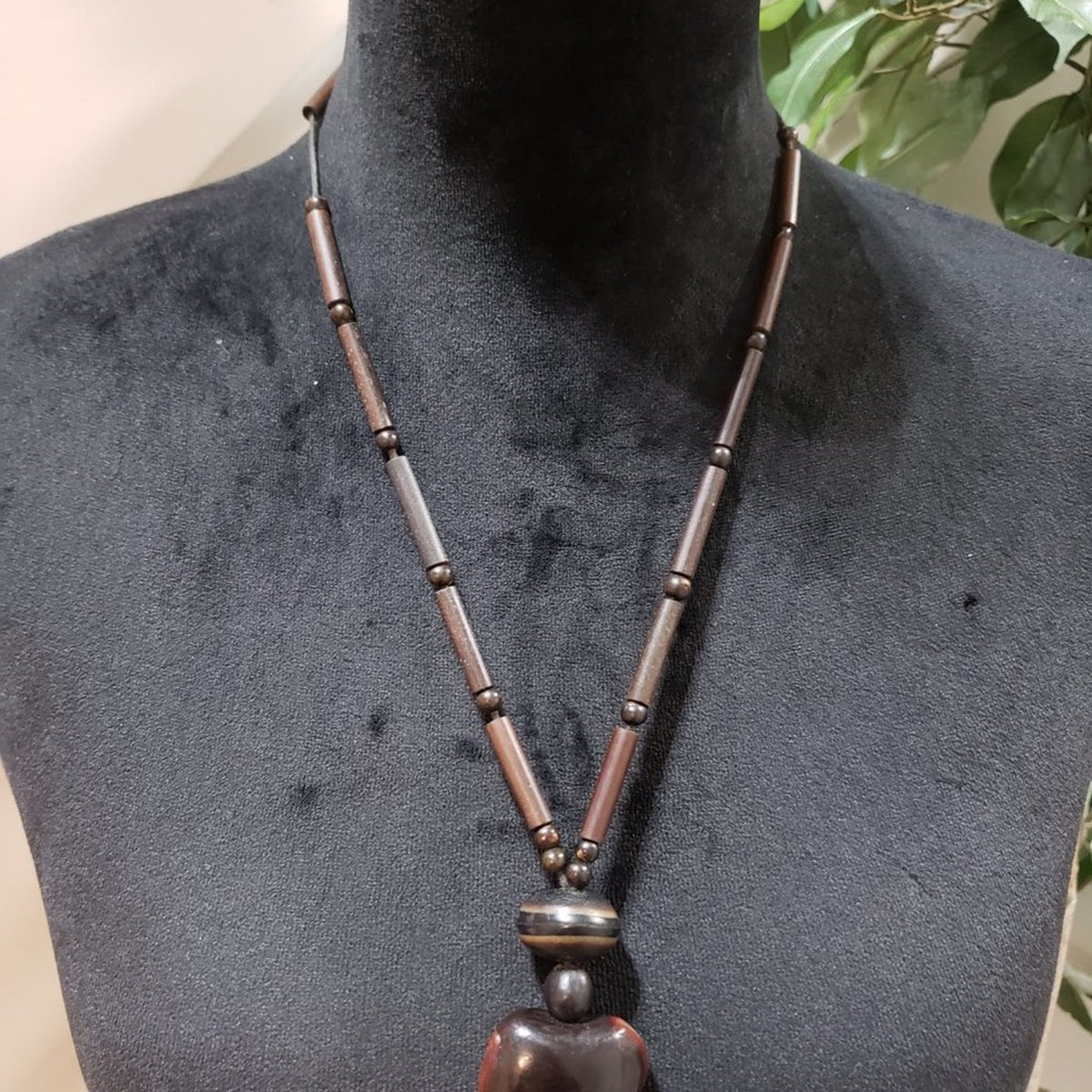 African Tribal Design Wooden Statement Necklace Brown Chunky Glass Beaded