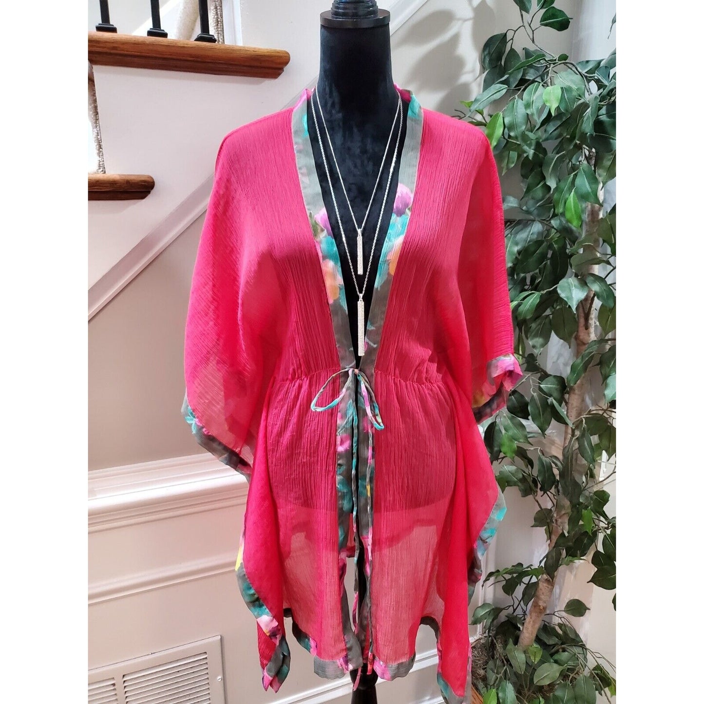 Revue Women's Red 100% Polyester Short Sleeve Casual Kimono Dress Free Size