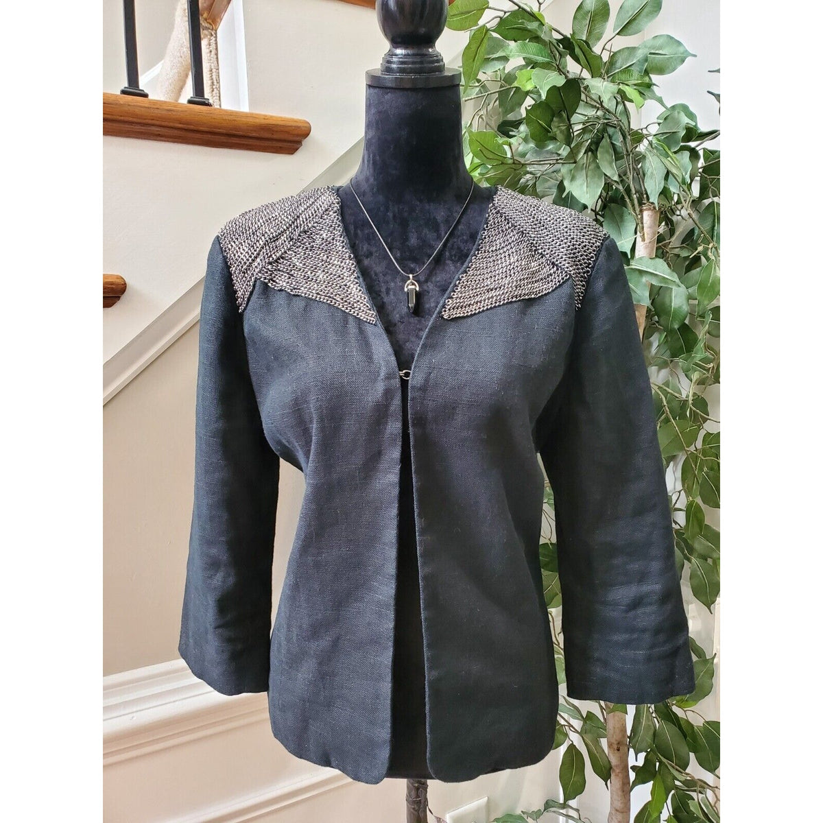 Chico's Women's Black Linen Long Sleeve Casual Hook & Eye Jacket Blazer Size 2 L