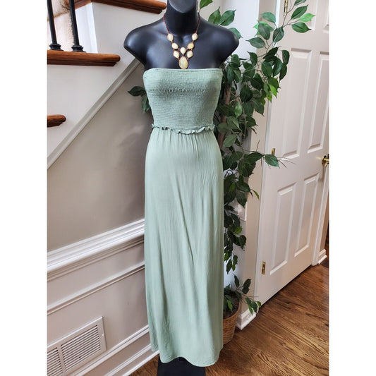 Forever 21 Women Green Solid Rayon Off The Shoulder Long Maxi Dress Size Large