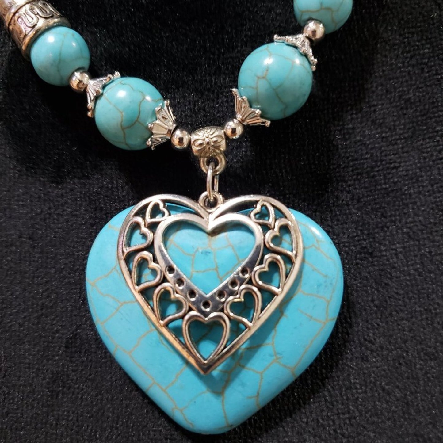 Womens Turquoise Love Heart Ethnic Style Statement Pendant Necklace with Lobster