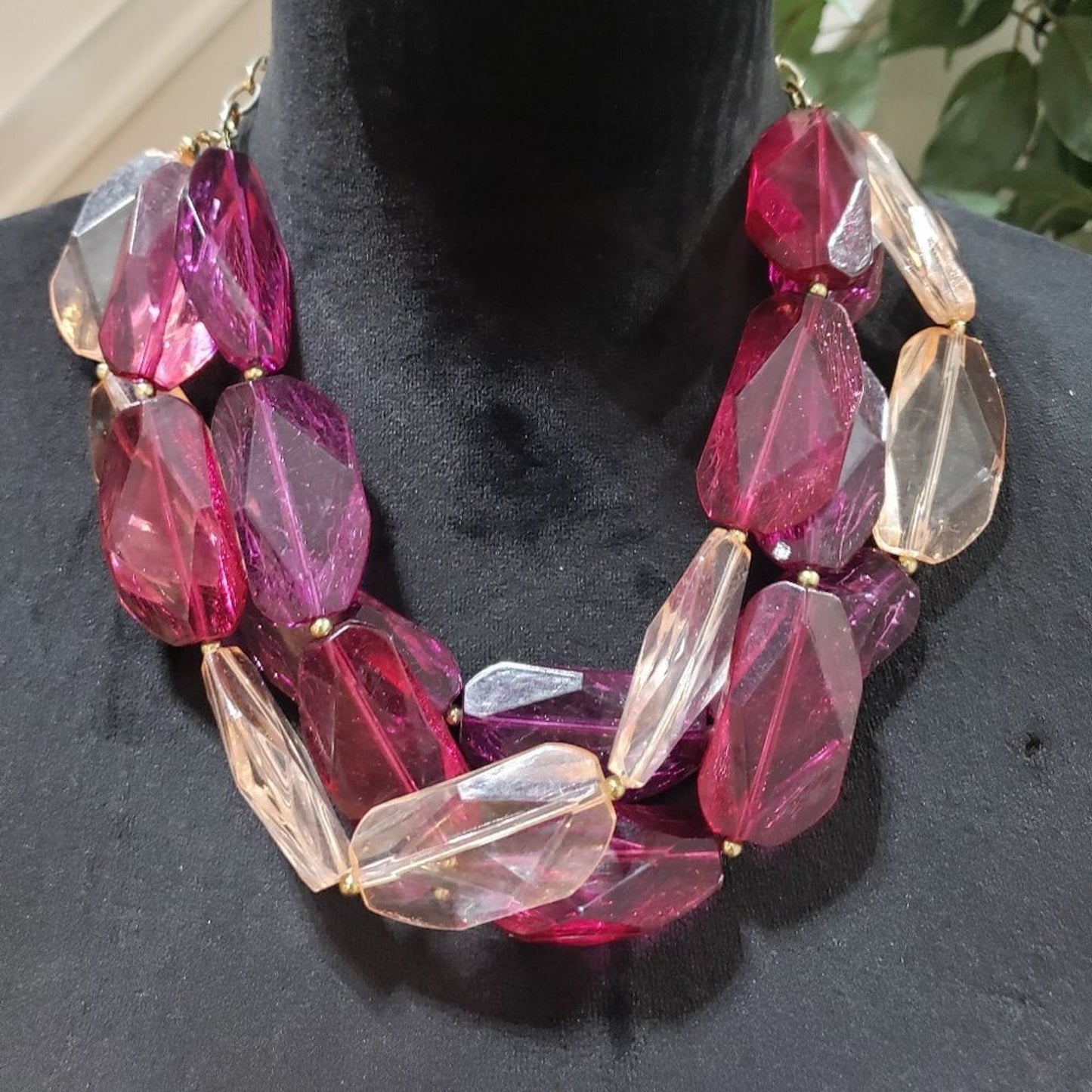 Womens Large Triple Strand Light Pink & Purple Statement Necklace
